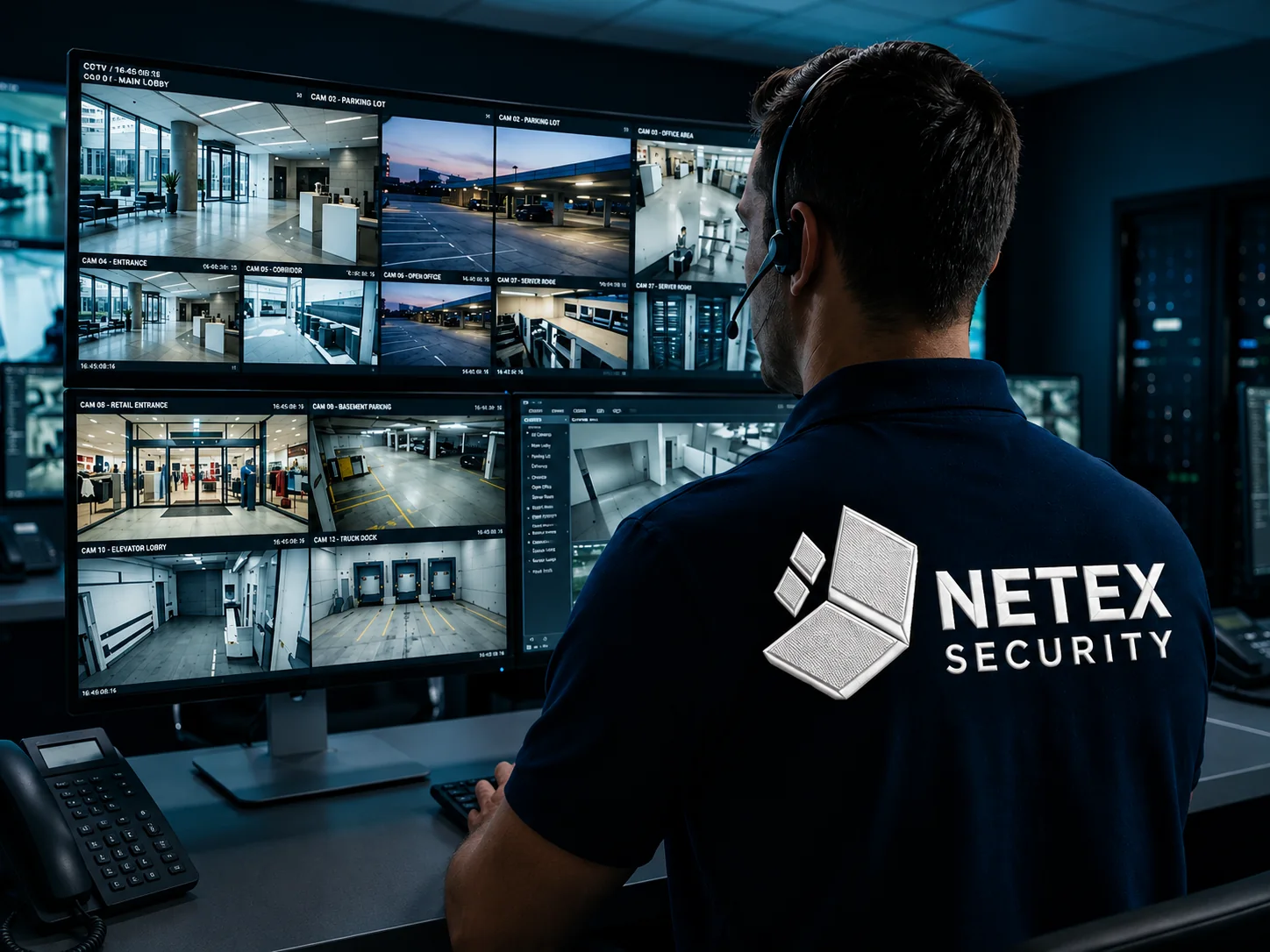 A Netex Security operator monitoring multiple live camera feeds